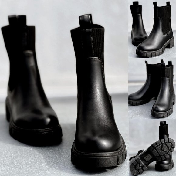 NEW Black Chunky Lug Sole Platform Elastic Cute Ankle Sock Boots Chelsea Bootie - Picture 8 of 11